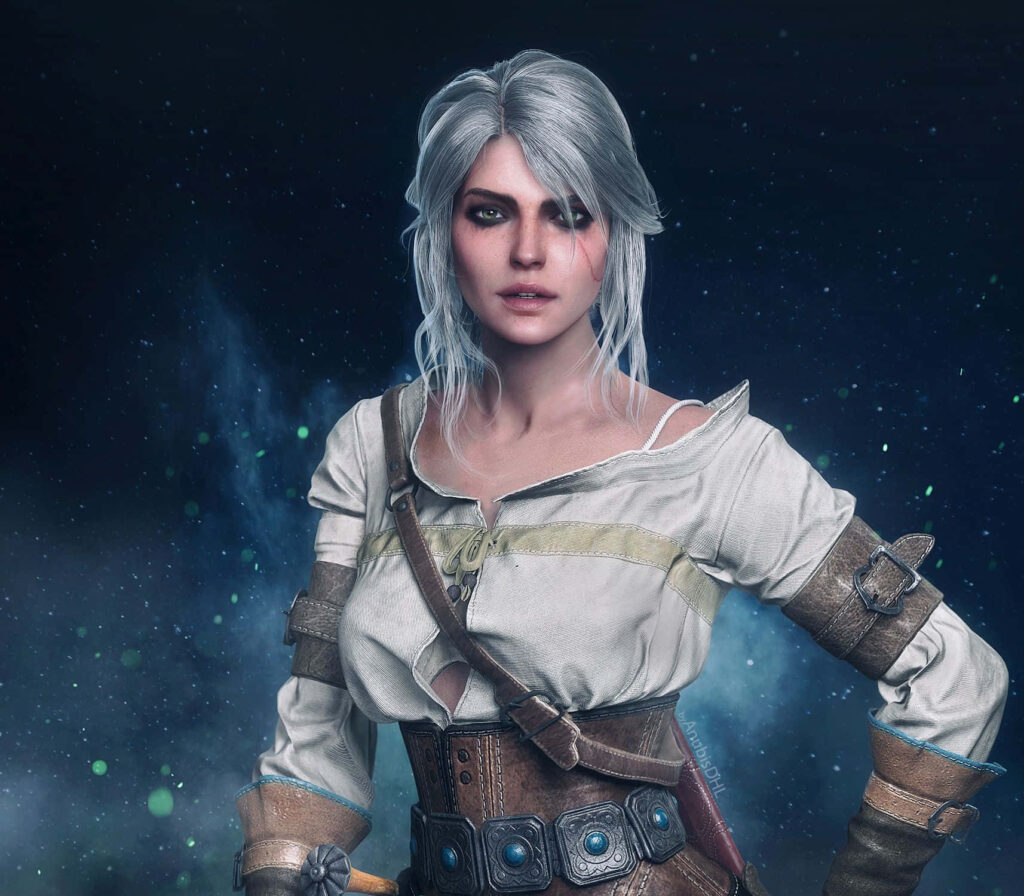 Portrait of Ciri from The Witcher with silver hair intense gaze ethereal blue green background wallpaper