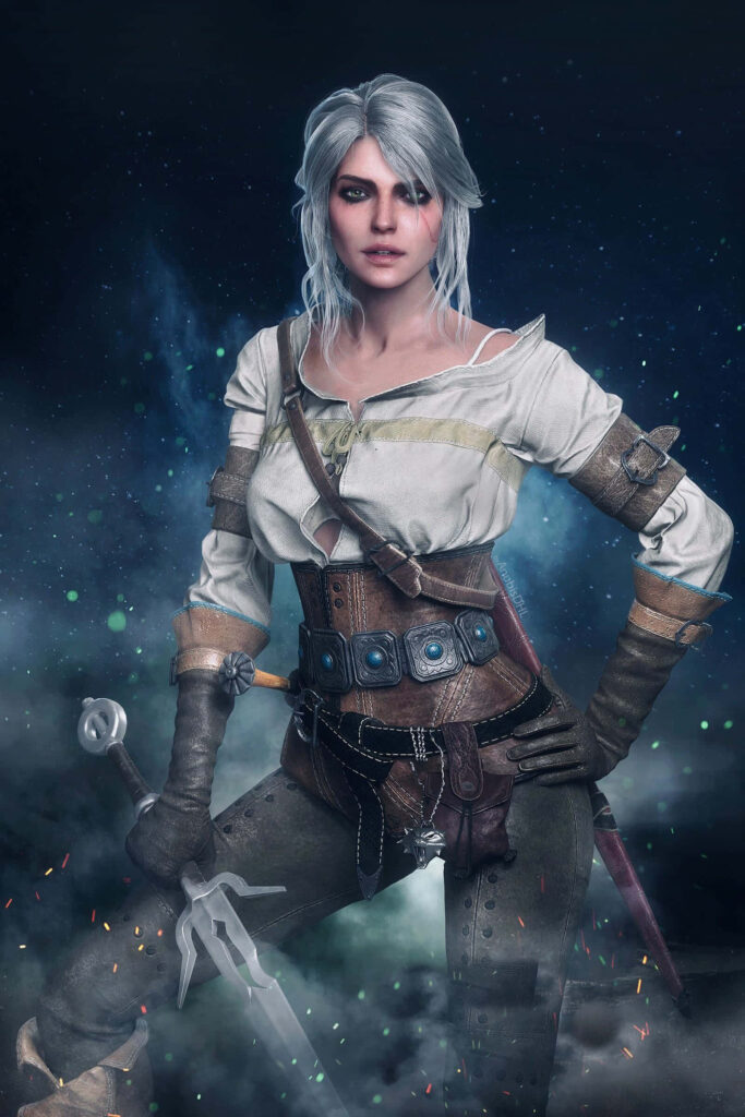 Ciri Witcher cosplay portrait with white hair green eyes battle outfit smoky dark fantasy background Wallpaper