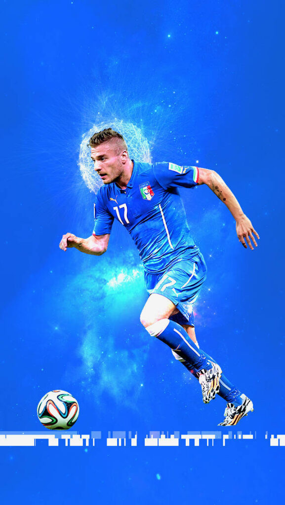 Ciro Immobile in blue Italy kit mid-stride dynamic wallpaper with digital light and glitch effects