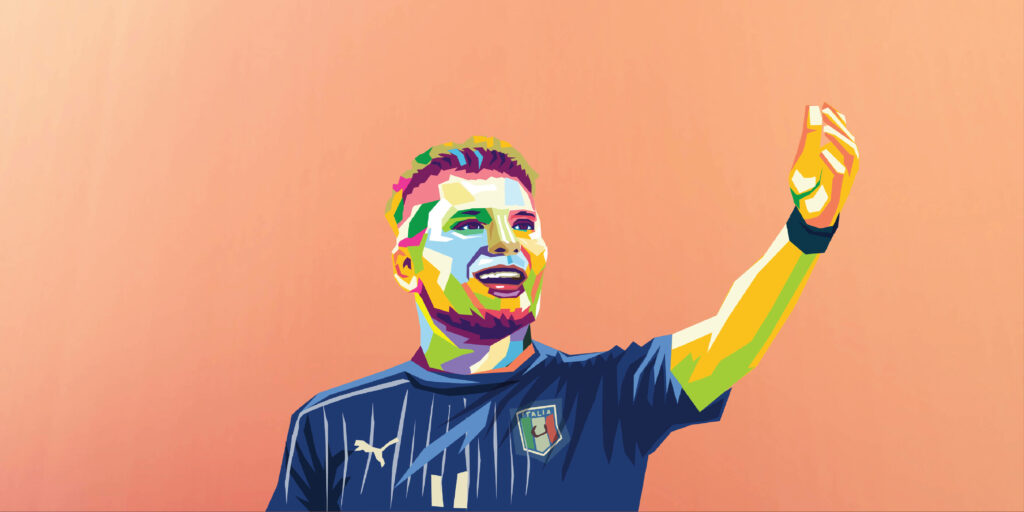 Ciro Immobile vibrant vector art with multicolored geometric shapes on peach gradient background Wallpaper