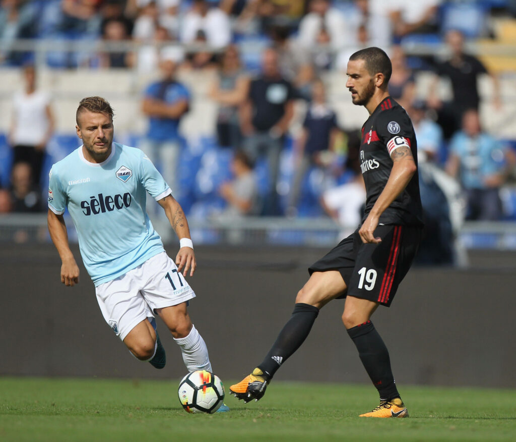 Ciro Immobile Lazio battles Leonardo Bonucci AC Milan in intense football match action background Wallpaper