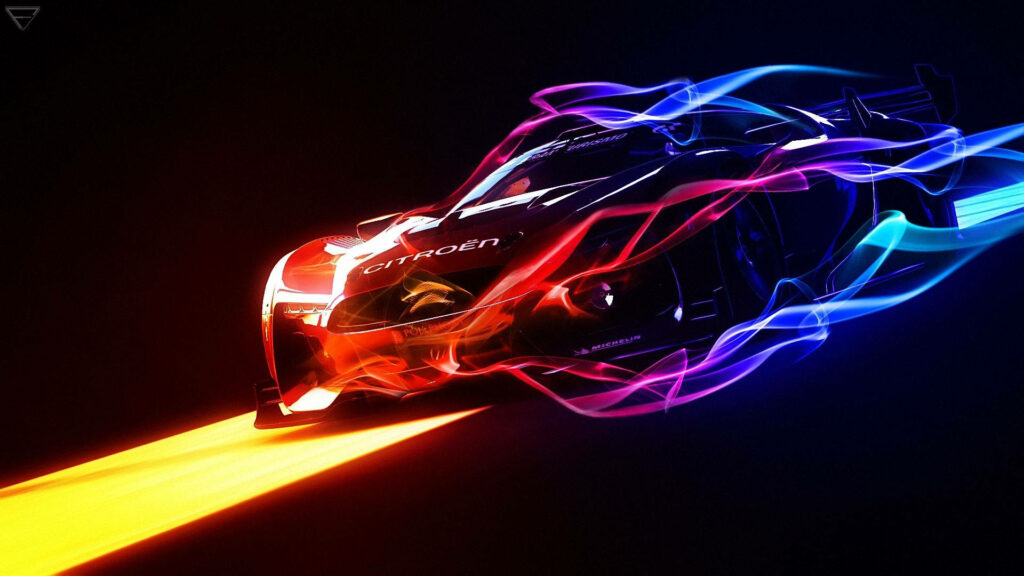 Citroen GT racing car with fiery neon trails on dynamic vibrant gaming laptop wallpaper background