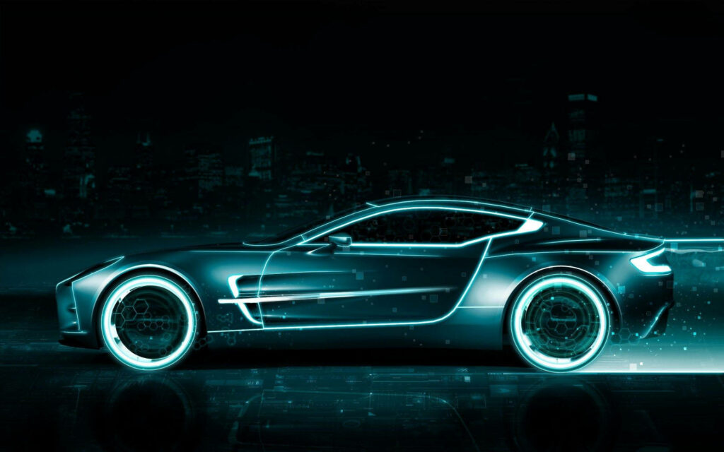 The Futuristic Ride: Animated Car Concept Art Wallpaper Against the Urban Night Sky
