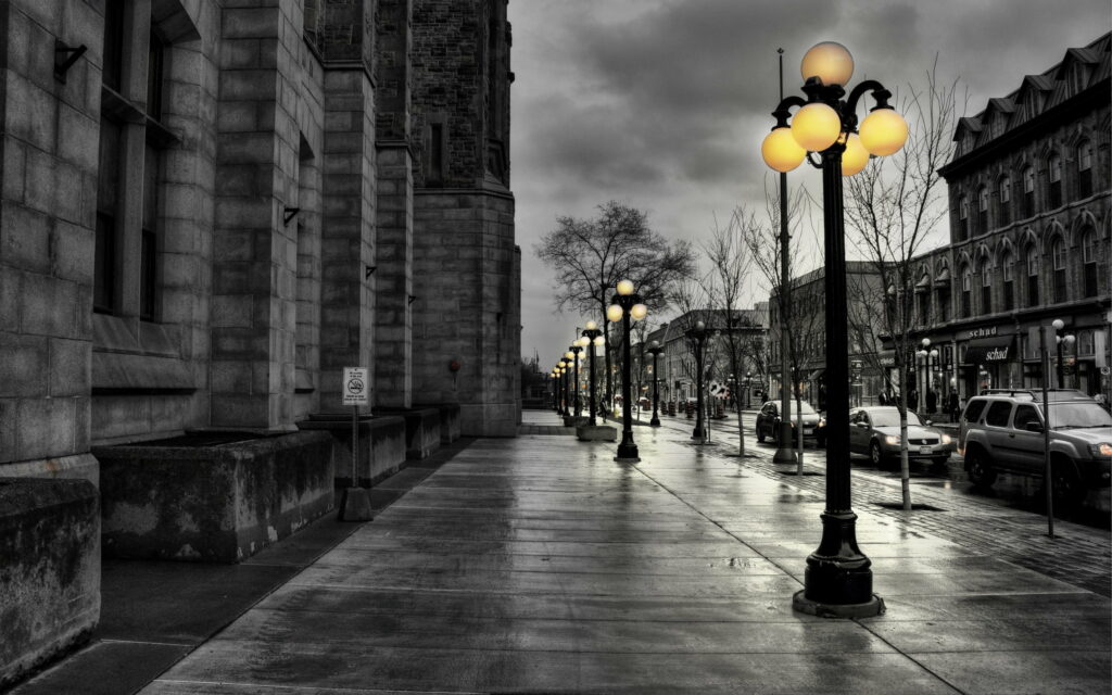 Dramatic black and white Ottawa nightscape with glowing lamps Notre-Dame Cathedral Basilica background Wallpaper