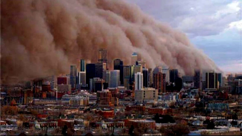 City Skyline Wallpaper: Ominous Smoke Wave Creates Dramatic Atmosphere