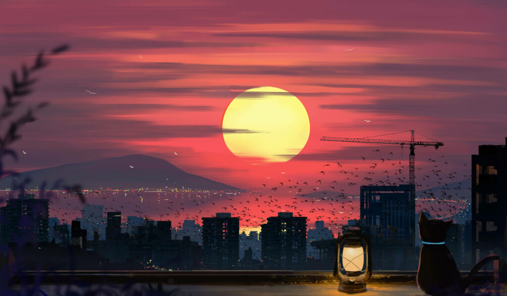 Black cat on rooftop beside glowing lantern at vibrant red sunset skyline with birds flying Wallpaper