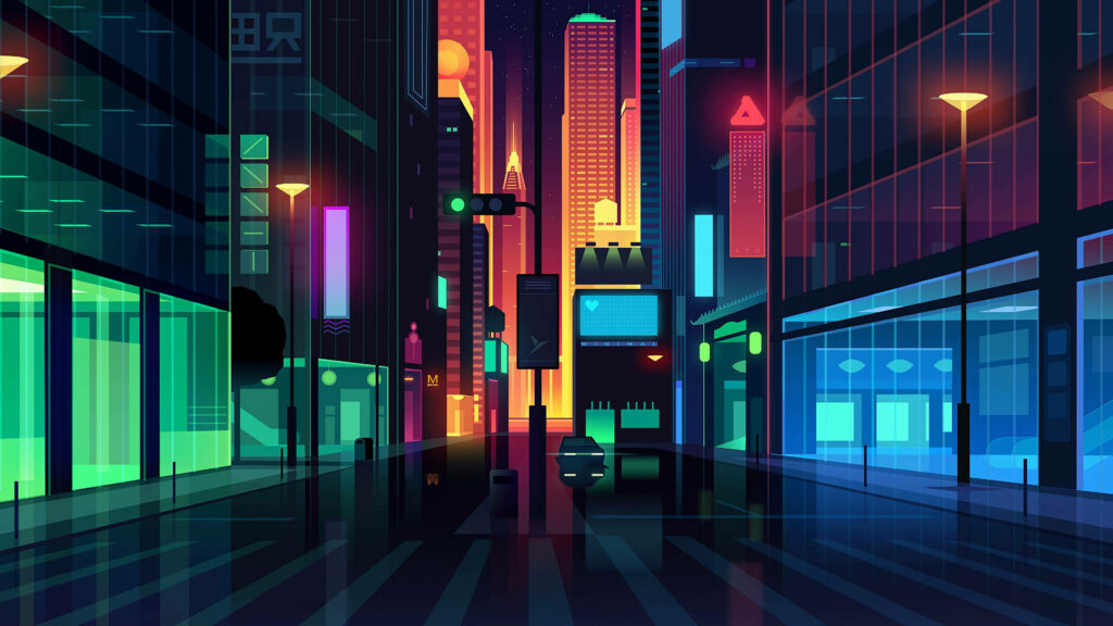 Chromatic Urban Shadows: Abstract Cityscape with Vibrant Neon Lights and Simplified Architecture Wallpaper