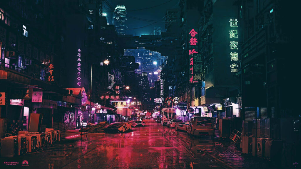 Neon Reflections: Immersed in the Cybernetic Cityscape Wallpaper