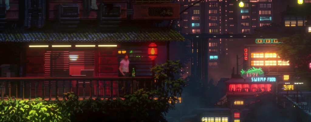 Nighttime Cityscape: Cyberpunk Male Character Embracing the Neon-lit Metropolis from a Balcony Wallpaper