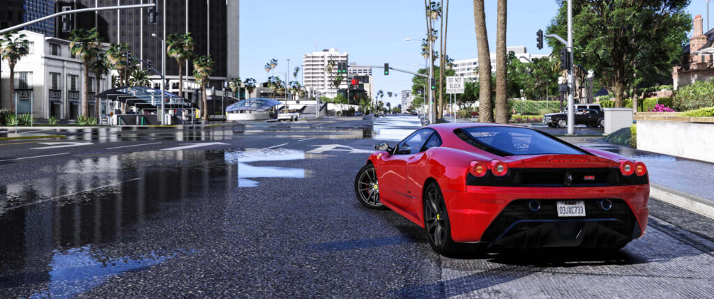Roaring Through the Streets: Captivating 3440x1440p Visual of a Crimson Ferrari Enthralling the Cityscape in Grand Theft Auto V Wallpaper