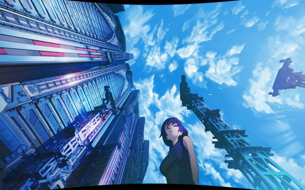 Immersed in Urban Skies: Captivating Anime Beauty amidst Towering Cityscape and Luminous Clouds Wallpaper