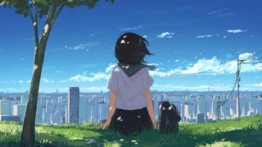 Gazing at the Urban Wonderland: 4K Ultra HD Anime Girl Enjoying the Cityscape from a Hilltop Grass Wallpaper