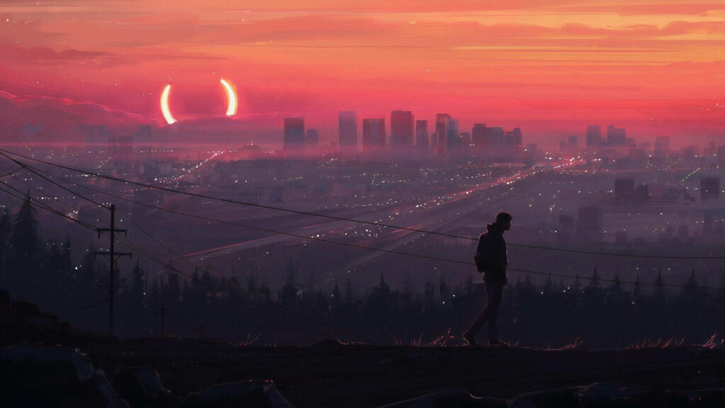 Cityscape Serenity: the Anime Wanderer's Sunset Stroll - Aesthetic Desktop Bliss Wallpaper