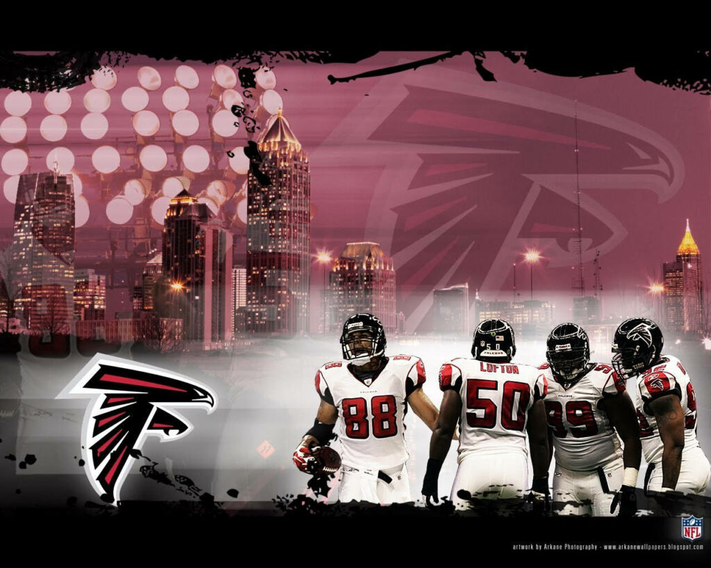 Falcons Unleashed: Captivating NFL Artwork with Vibrant Red-Violet Cityscape Wallpaper
