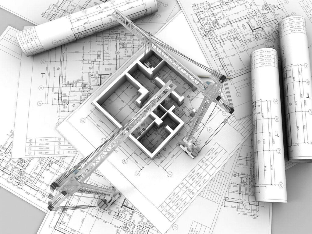 Architectural blueprints with 3D building model and tower cranes showcasing construction planning Wallpaper