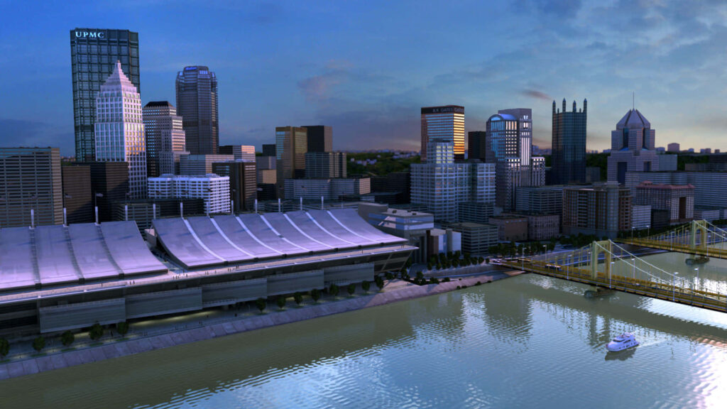 Vibrant cityscape at dusk with modern skyscrapers yellow bridge and stadium reflection wallpaper