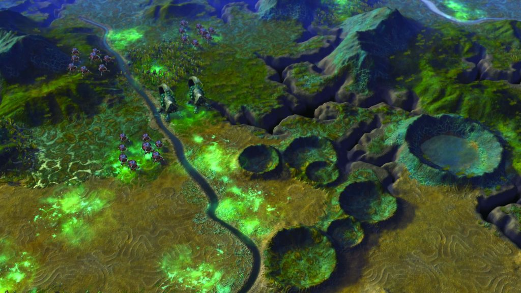 Civilization Beyond Earth wallpaper showing alien terrain with craters green miasma and creatures