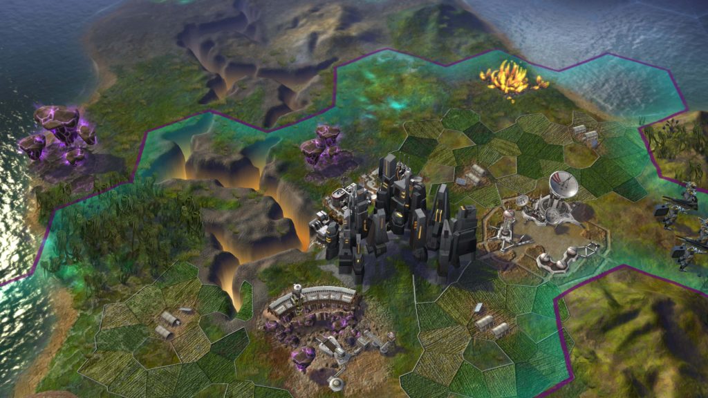 Futuristic Civilization Beyond Earth map with glowing canyons purple crystals and military units Wallpaper