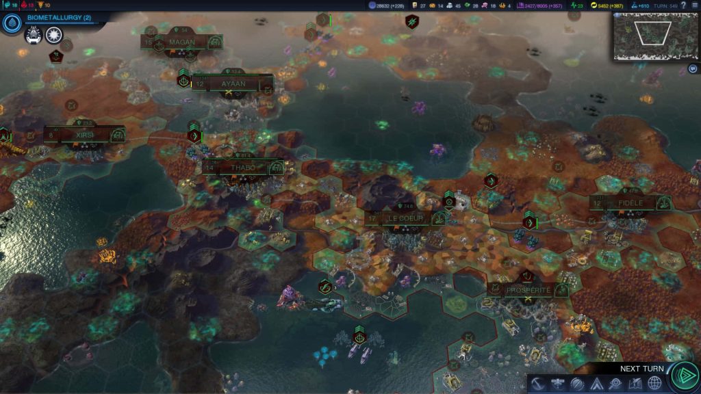 Civilization Beyond Earth hex-grid map with bioluminescent canal cities Le Coeur and Magan wallpaper
