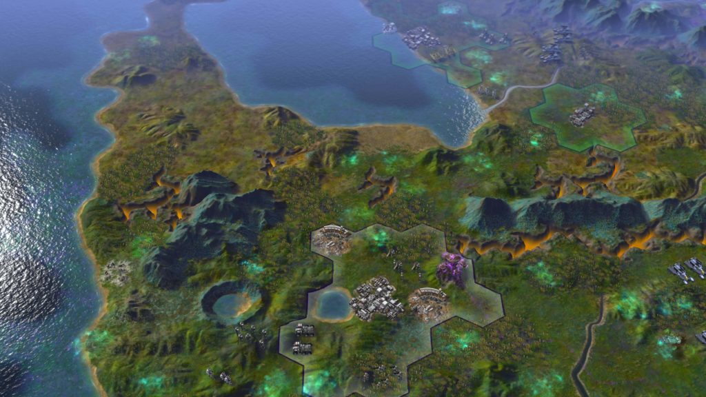 Civilization Beyond Earth wallpaper showing detailed hex grid sci-fi terrain and vast water views