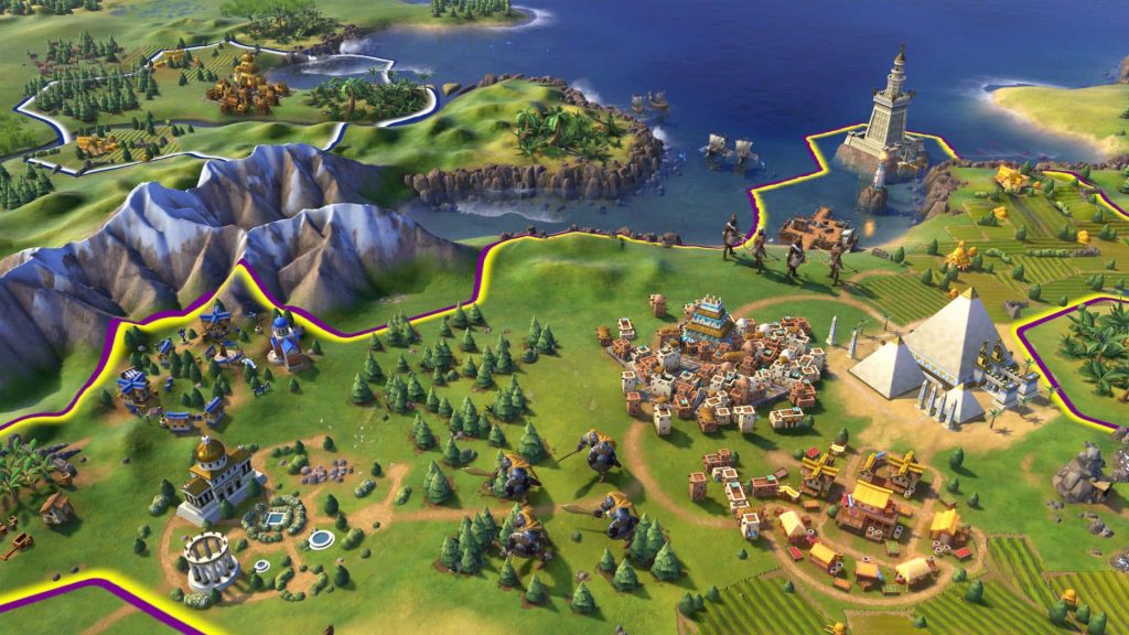 Civilization VI isometric wallpaper with Pyramids Great Lighthouse on detailed hex map background