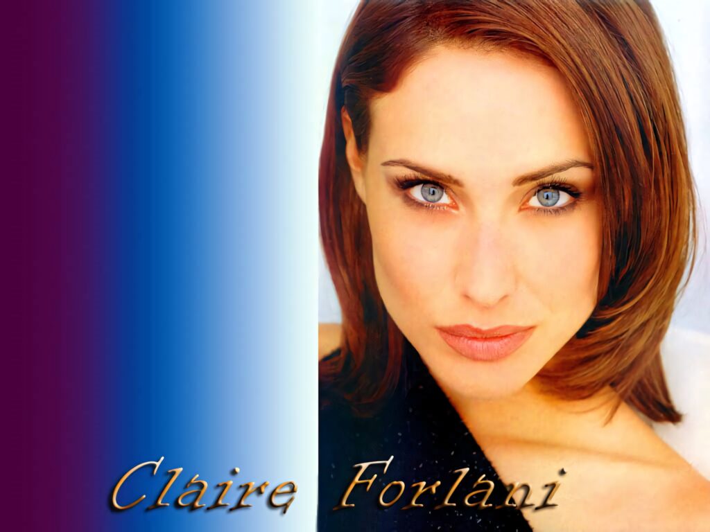 Claire Forlani portrait wallpaper vivid blue eyes warm hues purple to blue gradient gold script name