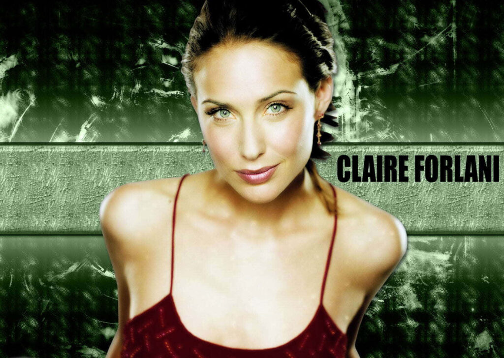 Claire Forlani portrait wallpaper with green eyes on textured abstract green background bold name text