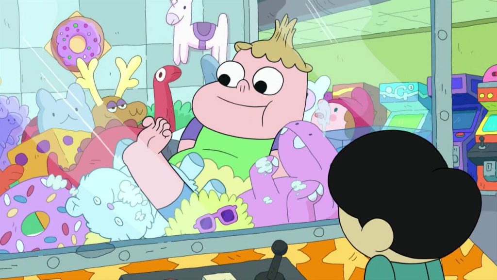 Clarence inside arcade claw machine with Steven Universe watching colorful plush toys wallpaper