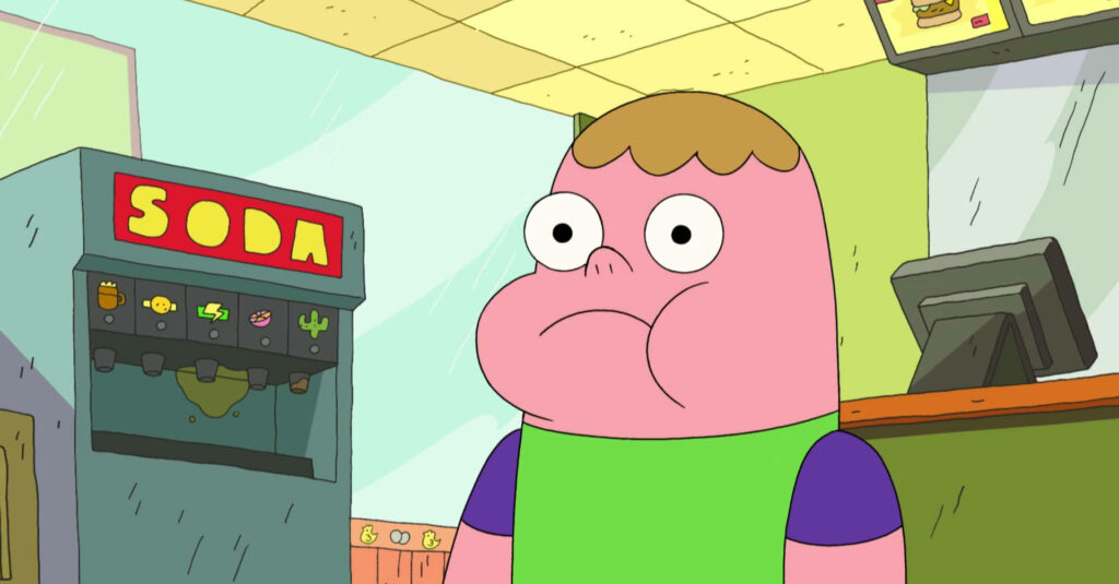 Clarence Quenching His Thirst: A Delightful Cartoon Character Enjoys a Cold Beverage Next to a Soda Machine Wallpaper