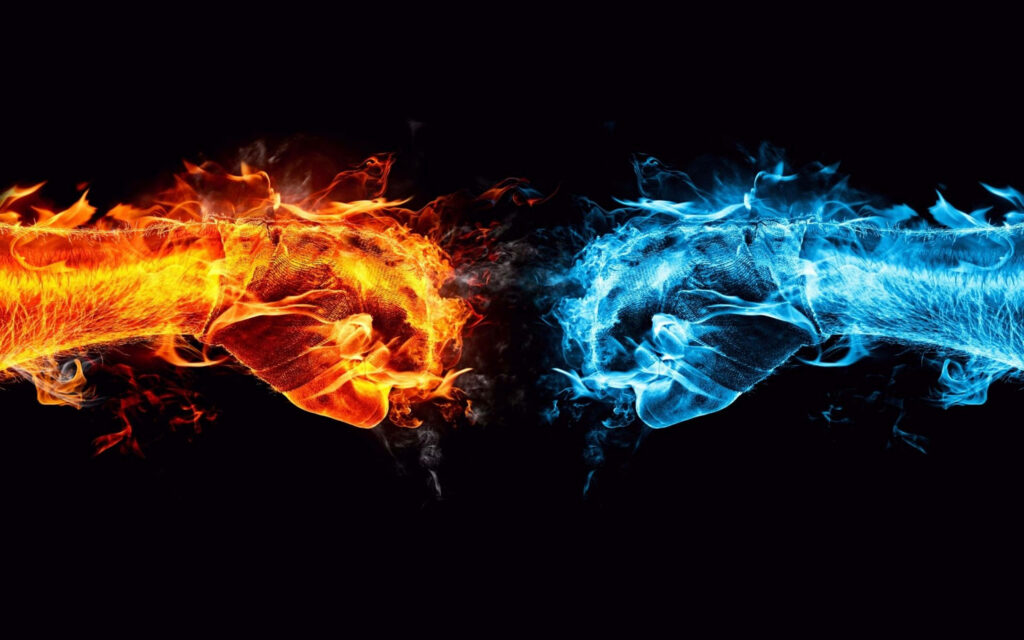Fiery vs. Icy Fists: Dynamic 3D Element Clash Wallpaper
