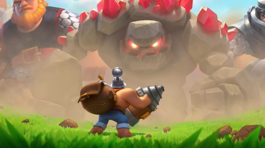 1247x699 HD Battling the Goliath: A Majestic Knight Takes on the Mighty Golem in Clash Royale Wallpaper