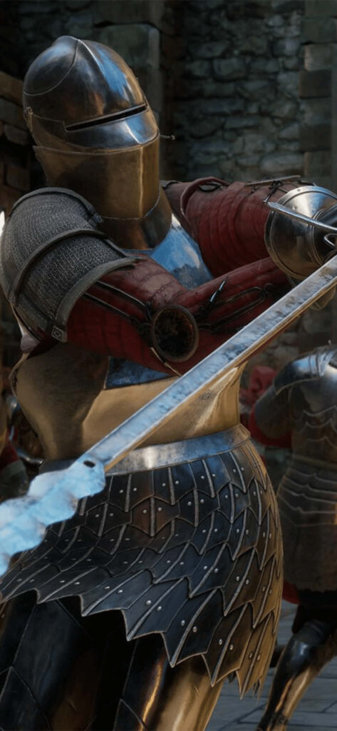 Medieval Warrior in Full Armor with Mordhau Longsword at Stone Fortress - Battle-Ready Mordhau Game Wallpaper