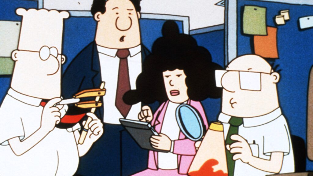 Dilbert 1999 cartoon wallpaper with Dilbert Pointy-Haired Boss Alice Wally in blue cubicles
