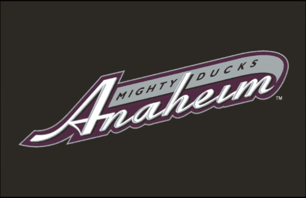 Classic Anaheim Ducks 2003 jersey logo with Mighty Ducks Anaheim script on dark background wallpaper
