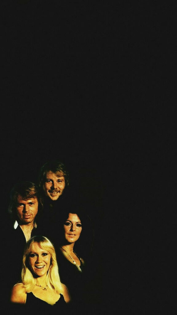 Vintage ABBA poster wallpaper with four iconic band members on a dark stylish background