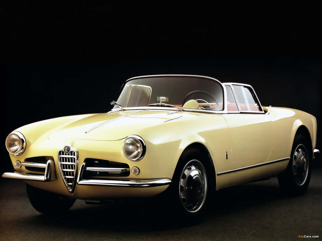 Classic Alfa Romeo Spider vintage car with glossy finish against wallpaper background