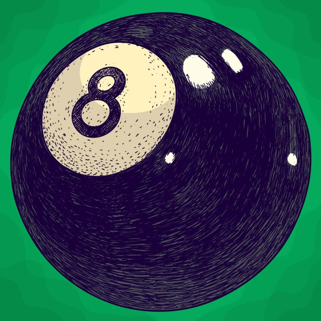 Hand-drawn classic black eight-ball on vibrant green background vintage billiards wallpaper
