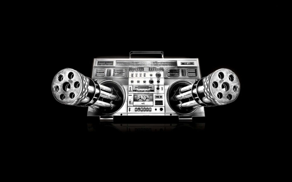 Vintage silver boombox with dual machine gun barrels on black background modern art wallpaper
