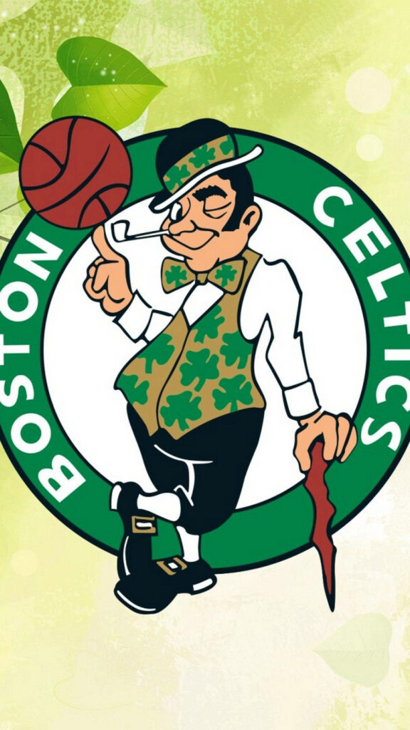 Boston Celtics logo with vintage leprechaun mascot spinning basketball on green shamrock emblem Wallpaper