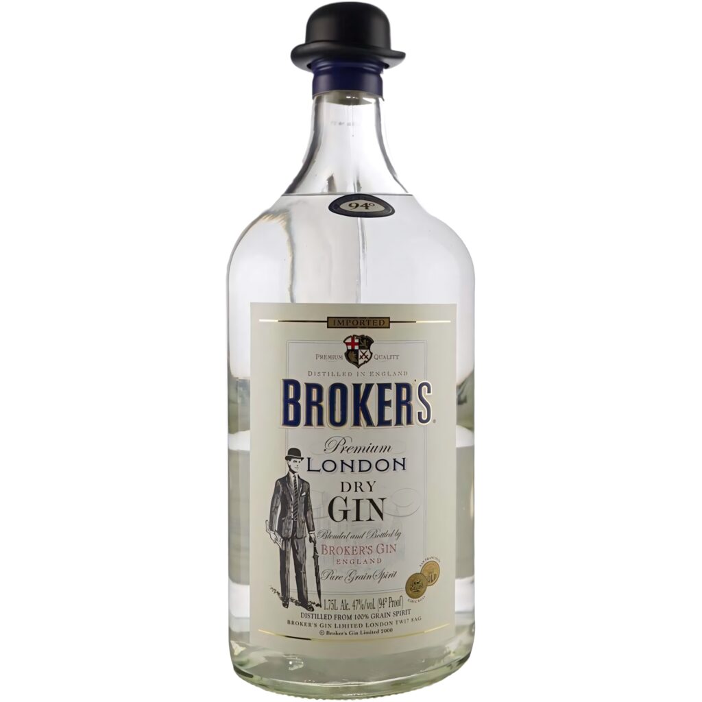 Broker's London Dry Gin bottle with bowler hat cap vintage label elegant British heritage wallpaper