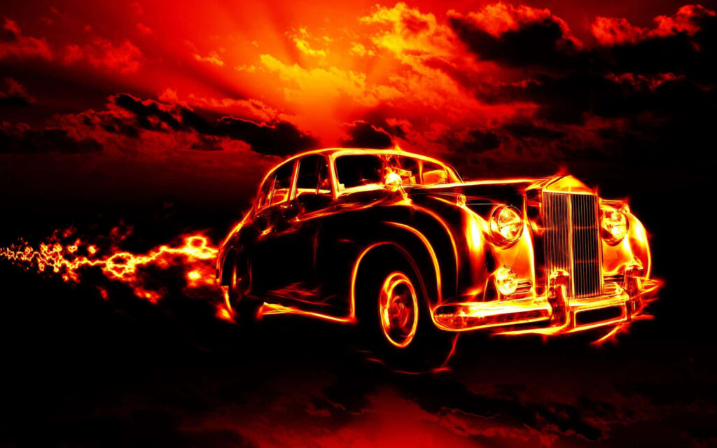 Classic Car Wallpaper with Fiery 3D Background and Intense Flames