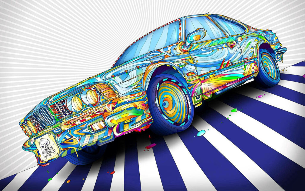 Classic car with vibrant colorful patterns on bold striped background automotive art wallpaper