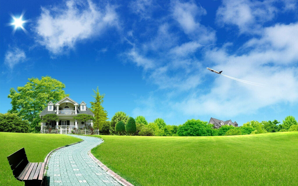Nature's Oasis: White House Amidst Lush Greenery and Blue Skies Wallpaper