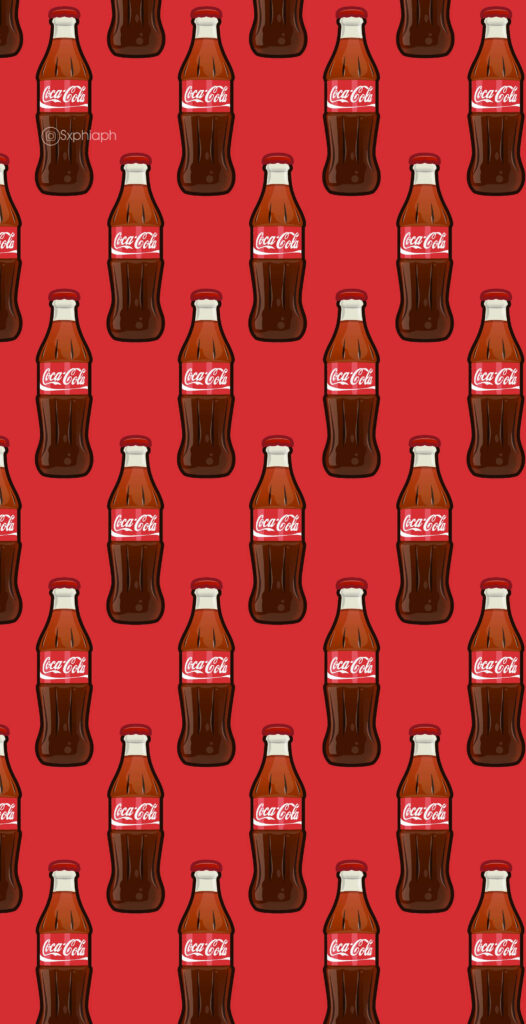 Playful Coca-Cola wallpaper with classic glass bottles on bold red background nostalgic pop art style