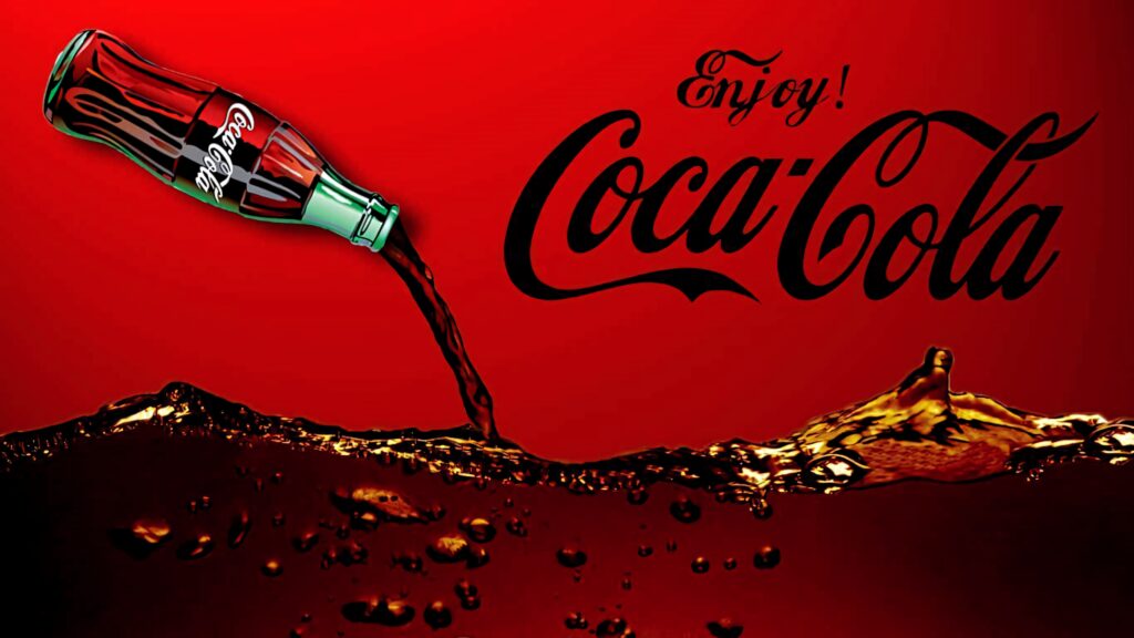 Vibrant Coca Cola wallpaper with classic glass bottle pouring fizzy soda on bold red background