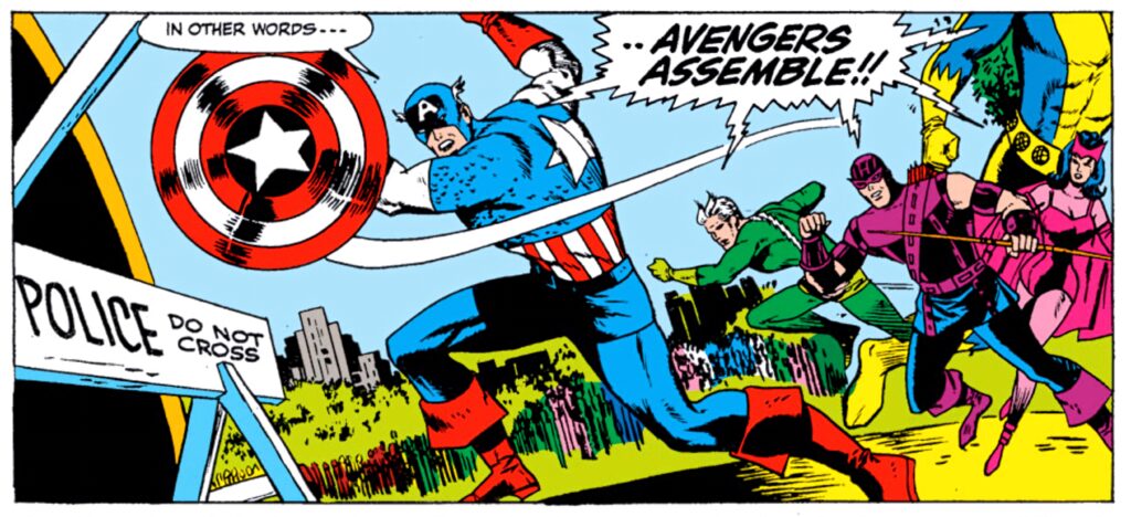 Classic comic Avengers Assemble wallpaper Captain America leads team bold colors dynamic motion