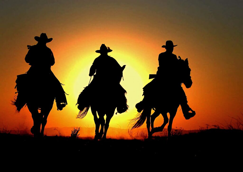 Three cowboys on horseback ride across open land at sunset in classic Western silhouette scene Wallpaper
