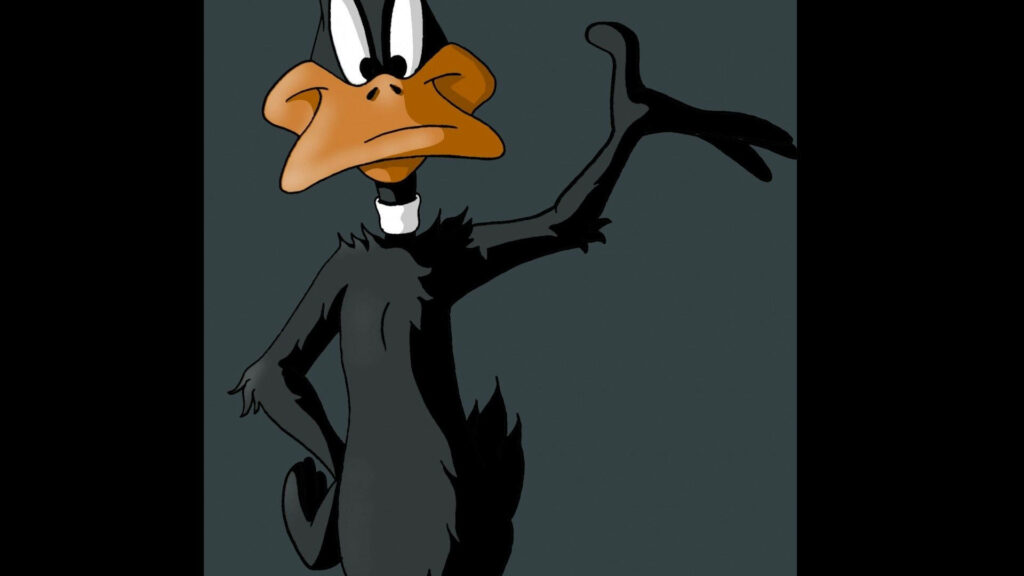 Vintage cartoon wallpaper of Daffy Duck classic hand-drawn style playful pose dark background