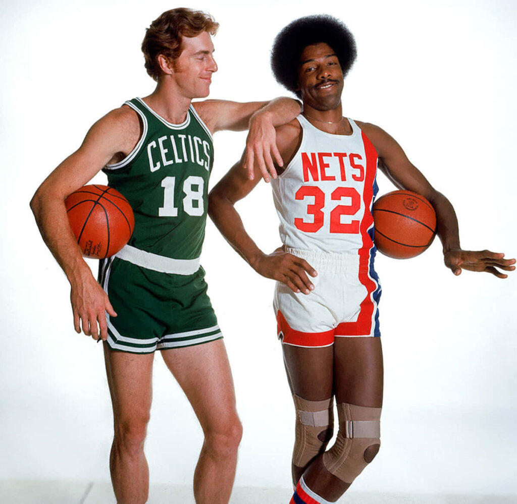 Classic NBA wallpaper with Boston Celtics Dave Cowens and New York Nets Julius Erving vintage style