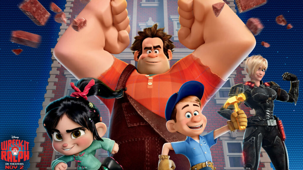 Disney's Wreck-it Ralph: Unleashing Chaos with Ralph, Vanellope, Felix, and Sergeant Calhoun in an Epic Showdown Against a Brick Fortress Wallpaper
